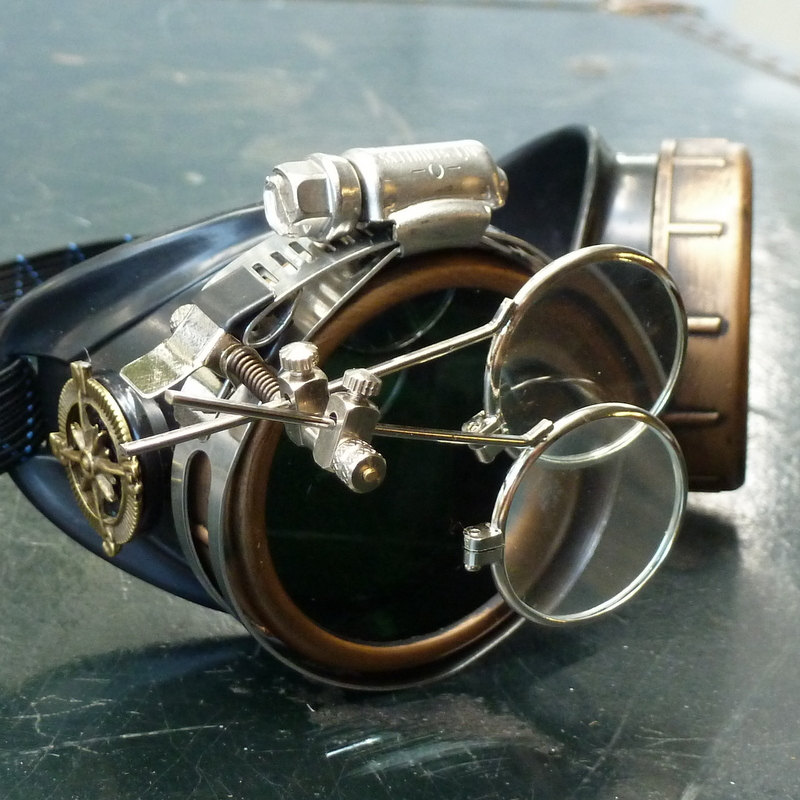 Steampunk Goggles Compass Accent, Clear Lenses & Magnifying Loupes