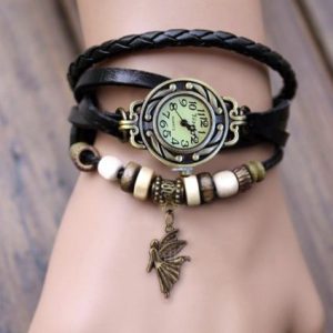 Angel charm watch with black leather braids & beading