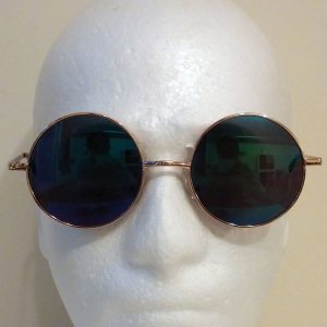 aqua blue lenses with gold frame & black temple covers - side view
