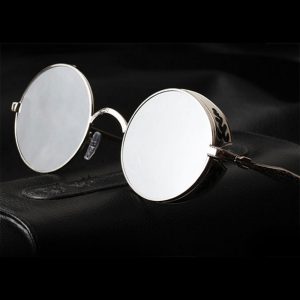 Silver sunglasses, black filigree side shields, mirrored lenses
