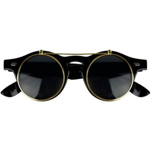 Black horn-rimmed glasses with gold flip-up lenses