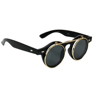 Black horn-rimmed glasses with gold flip-up lenses