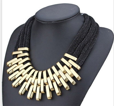 Black mesh statement necklace with golden links