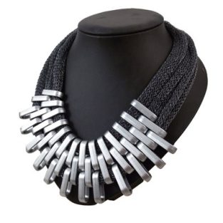 Chunky black mesh statement necklace with silver toned links