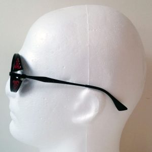 Round black sunglasses with red filigree side shields - side view