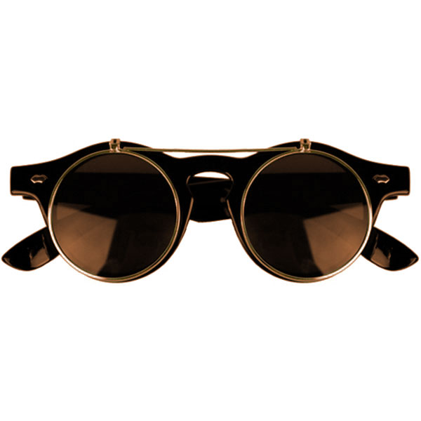 Brown horn-rimmed glasses with flip-up lenses