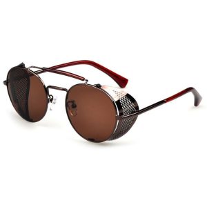 Brown sunglasses with brown perforated fold-in side shields and brown lenses