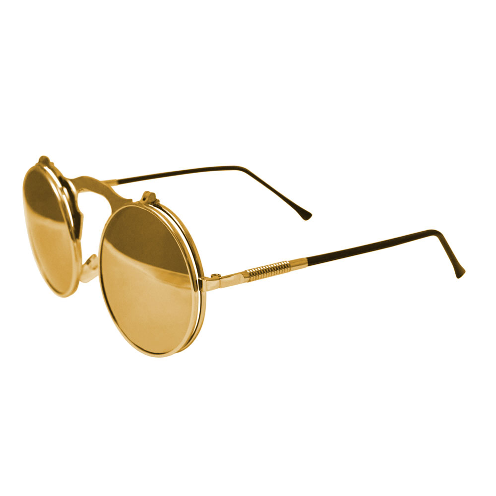 Round Bulky Metal Sunglasses With Flip Up Lenses - Gold & Gold Mirrored Lenses