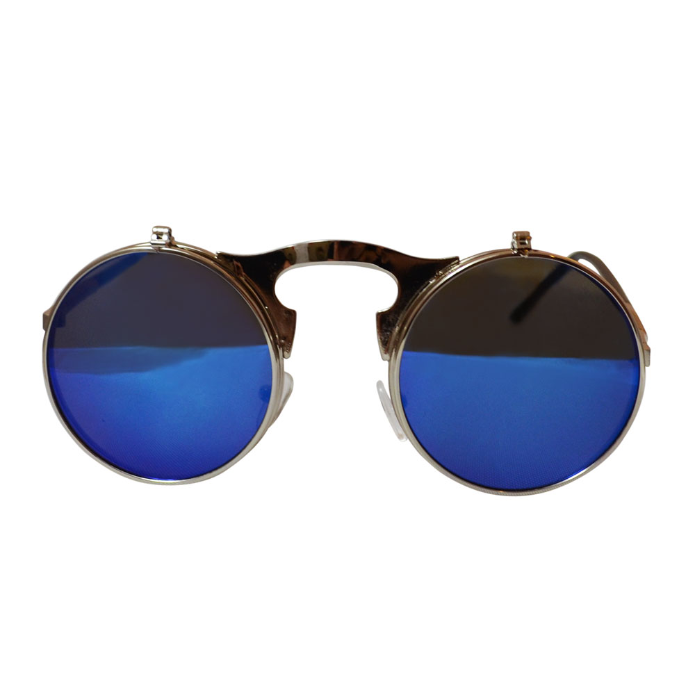 Round Bulky Metal Sunglasses With Flip Up Lenses - Silver & Blue - Front