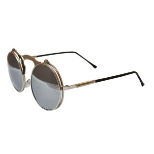 Round Bulky Metal Sunglasses With Flip Up Lenses - Silver w/ Mirrored Lenses