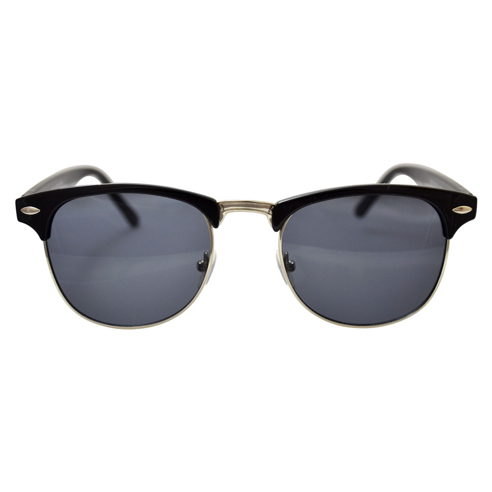 Clubmaster Sunglasses: Glossy Black, Gold Accents & Dark Lenses - Front