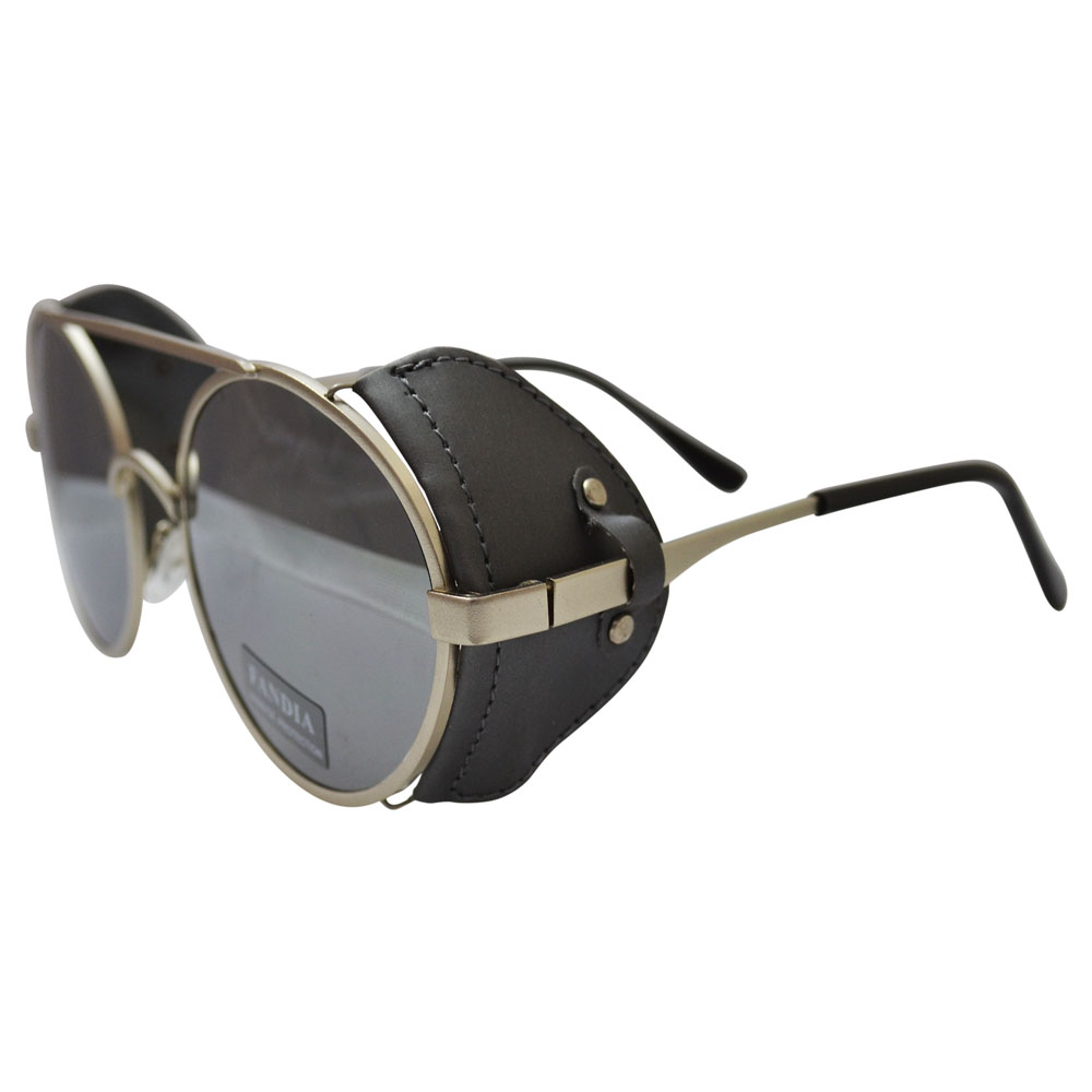 silver toned sunglasses with black fabric wind guards and mirrored lenses