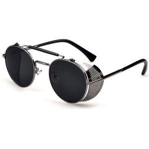 Gunmetal gray sunglasses with fold in side shields & smoke gray lenses