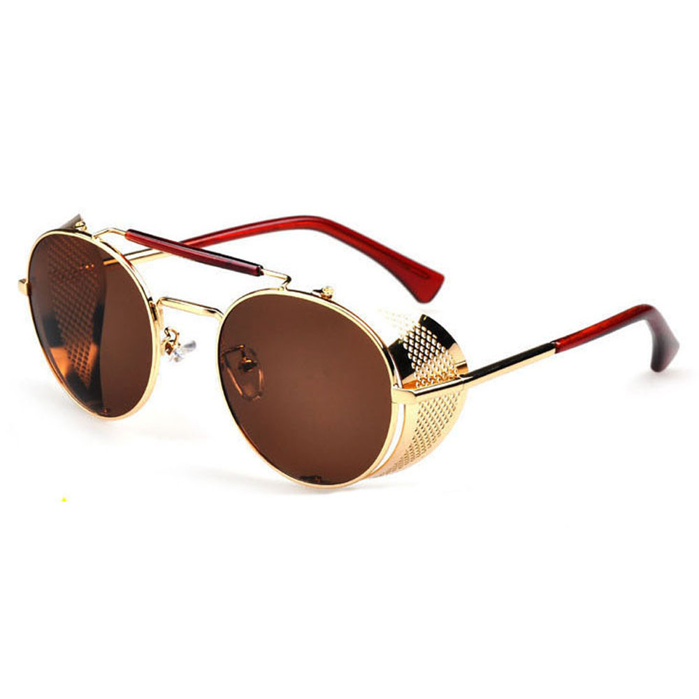 Gold Oval Sunglasses: Fold In Side Shields, Brown Lenses
