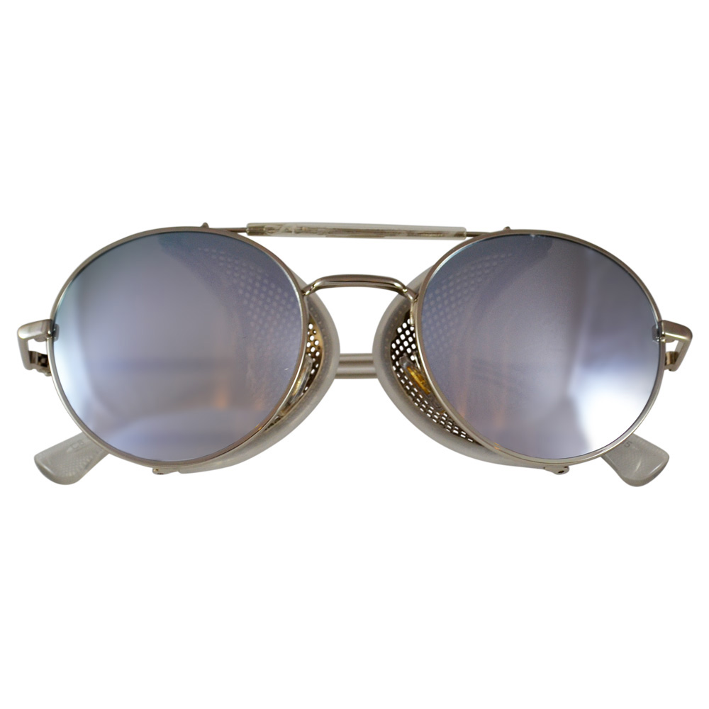 Silver Oval Sunglasses: Fold In Side Shields, Lavender Lenses