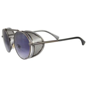 Gunmetal Oval Sunglasses: Fold In Side Shields, Purple Lenses