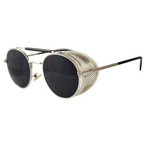 Silver Oval Sunglasses: Fold In Side Shields, Dark Lenses