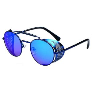 Oval Sunglasses With Folding Side Shields: Blue & Blue Semi-Mirrored Lenses