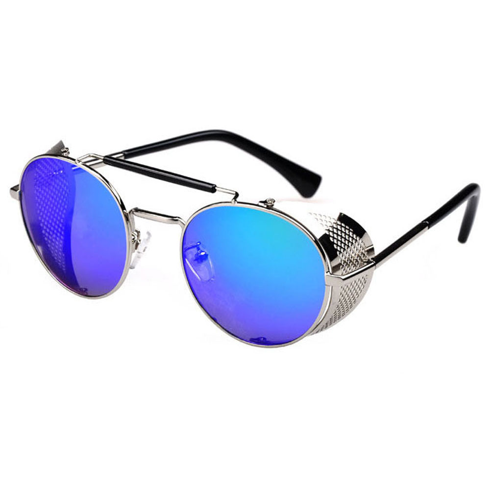 Oval Sunglasses With Folding Side Shields: Silver Frame & Blue / Green Semi-Mirrored Lenses