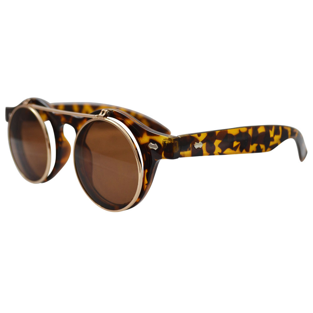 Brown tortoise shell horn-rimmed glasses with gold flip-up lenses
