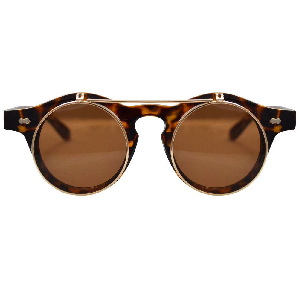 Brown tortoise shell horn-rimmed glasses with gold flip-up lenses - front, closed
