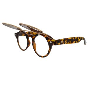 Brown tortoise shell horn-rimmed glasses with gold flip-up lenses - side, open