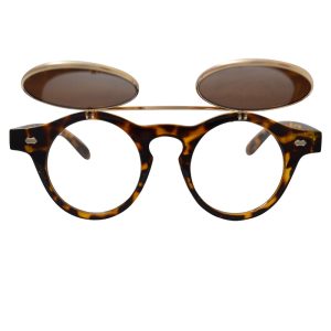 Brown tortoise shell horn-rimmed glasses with gold flip-up lenses - front, open