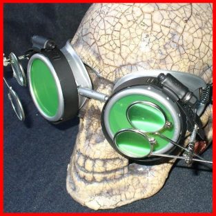Silver Apocalypse Goggles: Green Lenses w/ Two Eye Loupes