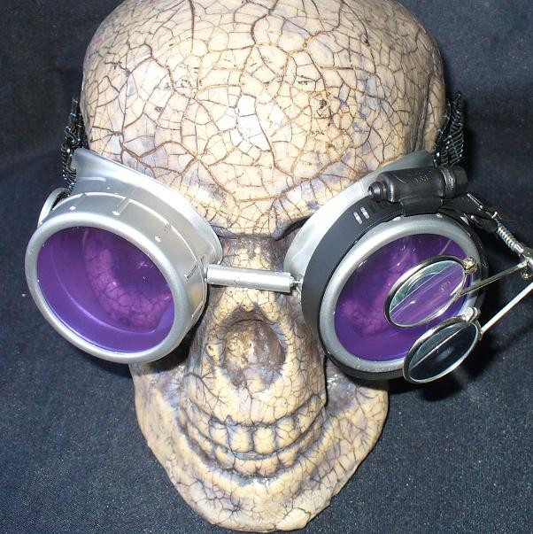 Silver Apocalypse Goggles: Purple Lenses & Eye Loupe