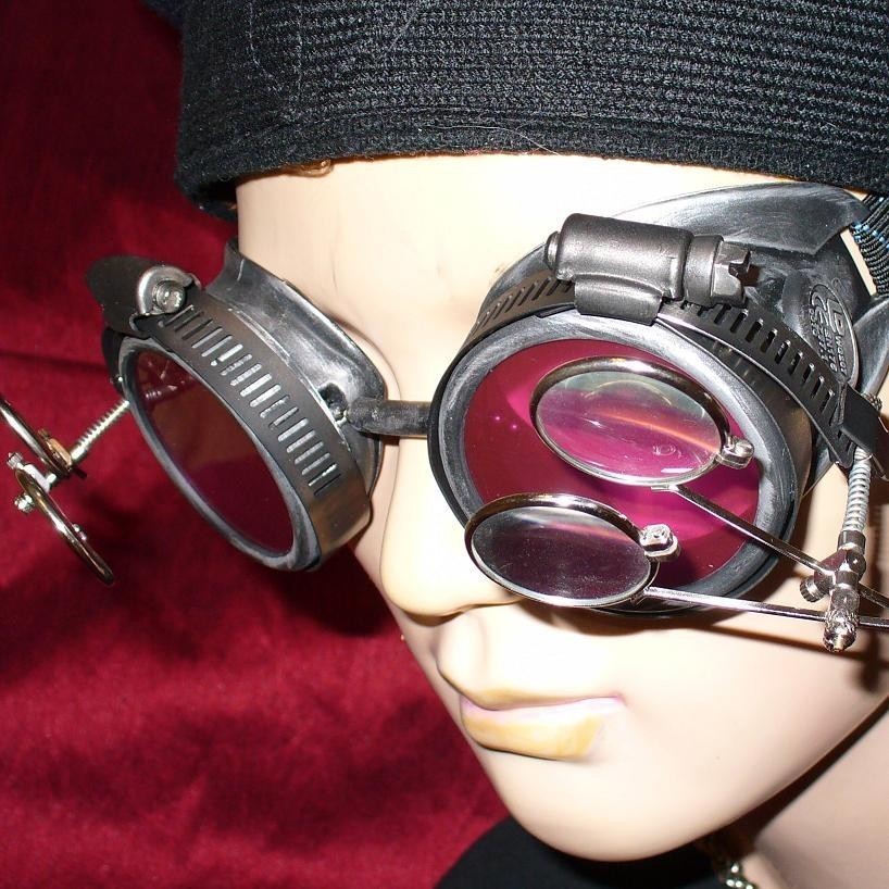 Silver Toned Goggles: Pink Lenses & Two Eye Loupes