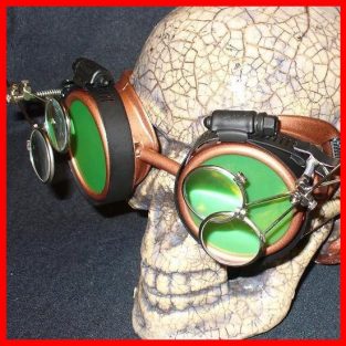Copper Apocalypse Goggles: Green Lenses & Two Eye Loupes