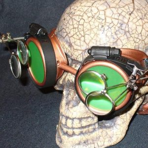Copper Apocalypse Goggles: Green Lenses & Two Eye Loupes