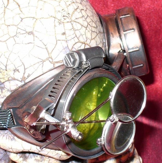 Copper Apocalypse Goggles: Green Lenses & Eye Loupe