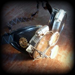 Black Goggles: Clear Lenses /w Steampunk Gears Ring & Eye Loupes