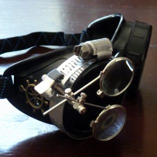 Black Goggles: Dark Lenses w/ Brass Ship's Wheel & Eye Loupe