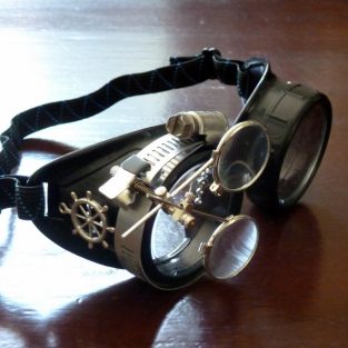 Black Goggles: Clear Lenses w/ Brass Ship’s Wheel & Eye Loupe