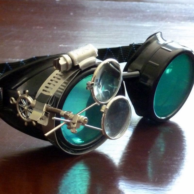 Black Goggles: Green Lenses w/ Brass Ship's Wheel & Eye Loupe