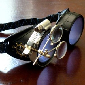 Black Goggles: Purple Lenses w/ Brass Ship’s Wheel & Eye Loupe