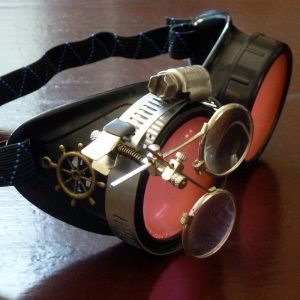 Black Goggles: Red Lenses w/ Brass Ship's Wheel & Eye Loupe