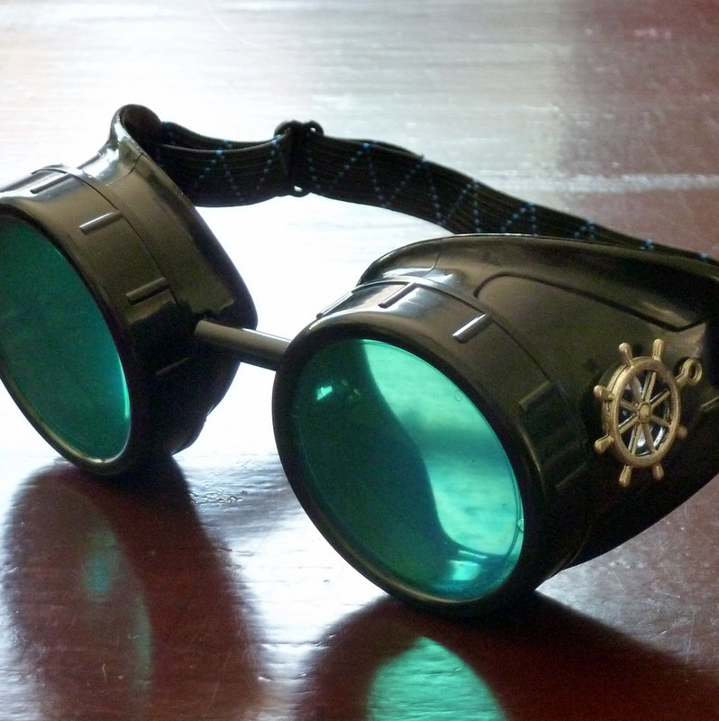 Black Goggles: Aqua Green Lenses w/ Brass Ship's Wheel