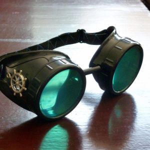 Black Goggles: Aqua Green Lenses w/ Brass Ship's Wheel