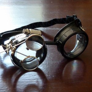 Black Goggles: Clear Lenses w/ Brass Ship’s Wheel & Eye Loupe