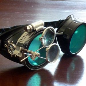 Black Goggles: Green Lenses w/ Brass Ship's Wheel & Eye Loupe