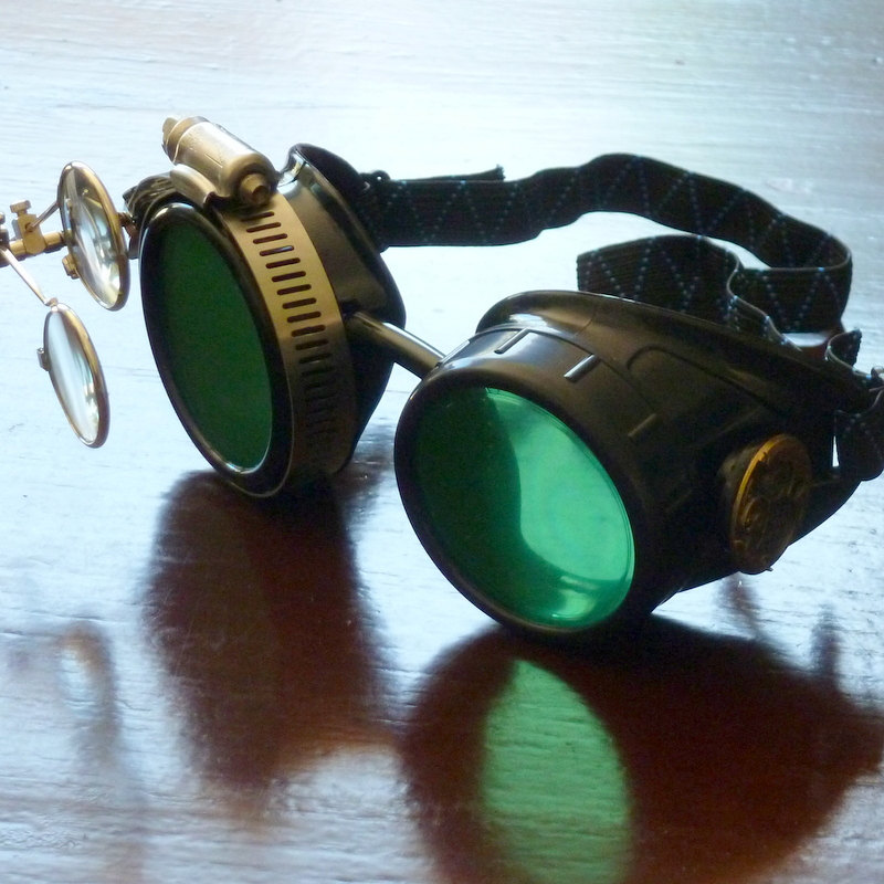 Black Goggles: Green Lenses w/ Eye Loupe & Brass Watch Movement