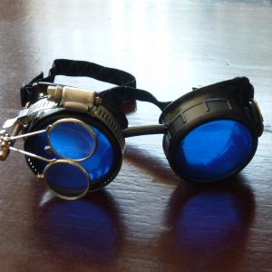 Black Goggles: Blue Lenses w/ Brass Watch Movement & Eye Loupe