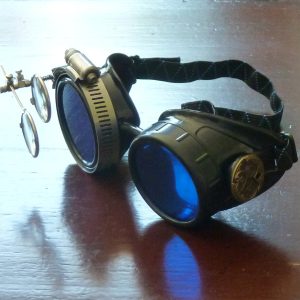 Black Goggles: Blue Lenses w/ Brass Watch Movement & Eye Loupe