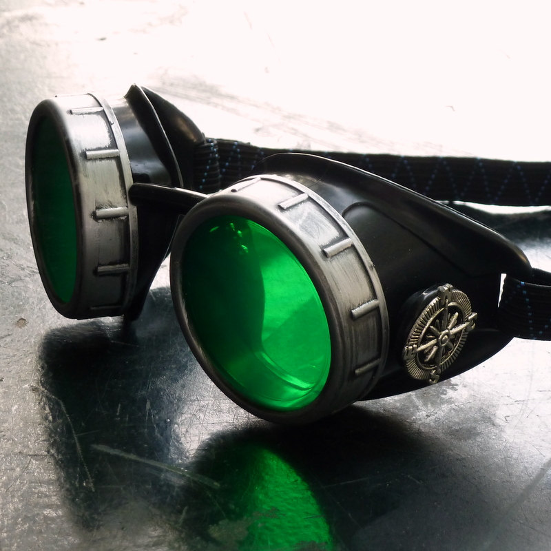 Black & Sliver Goggles: Green Lenses w/ Nickel Compass Rose