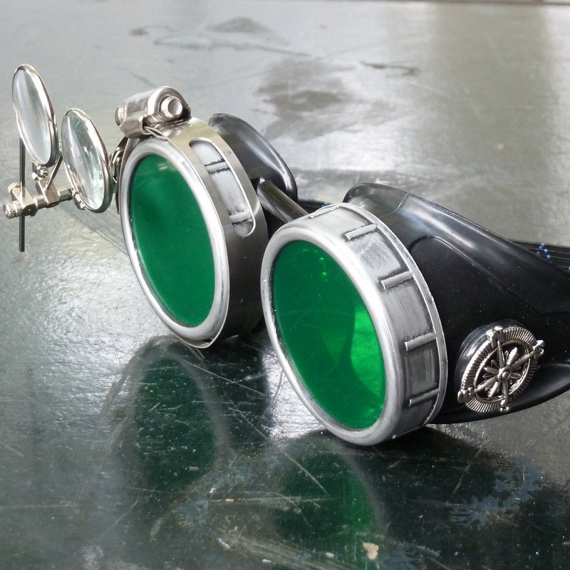 Sliver & Black Goggles: Green Lenses w/ Nickel Compass Rose & Eye Loupe