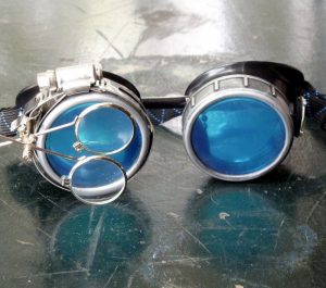 Black and Silver Goggles: Blue Lenses w/ Nickel Compass Rose & Eye Loupe