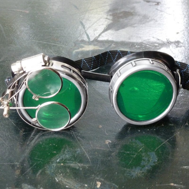 Sliver & Black Goggles: Green Lenses w/ Nickel Compass Rose & Eye Loupe